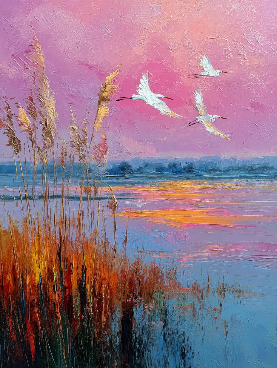 粉黛蒹葭，鹭影逐霞